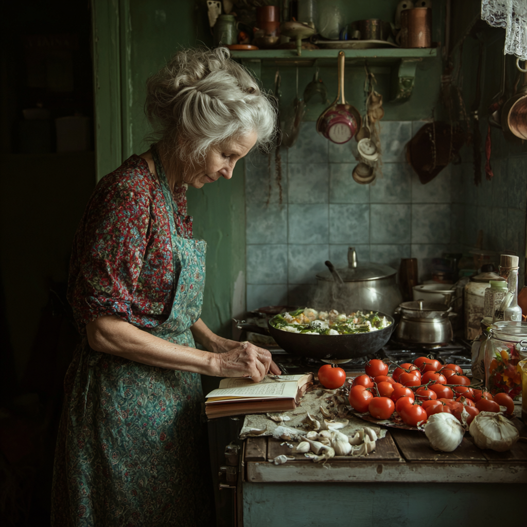 50 years old woman cooking helthy food