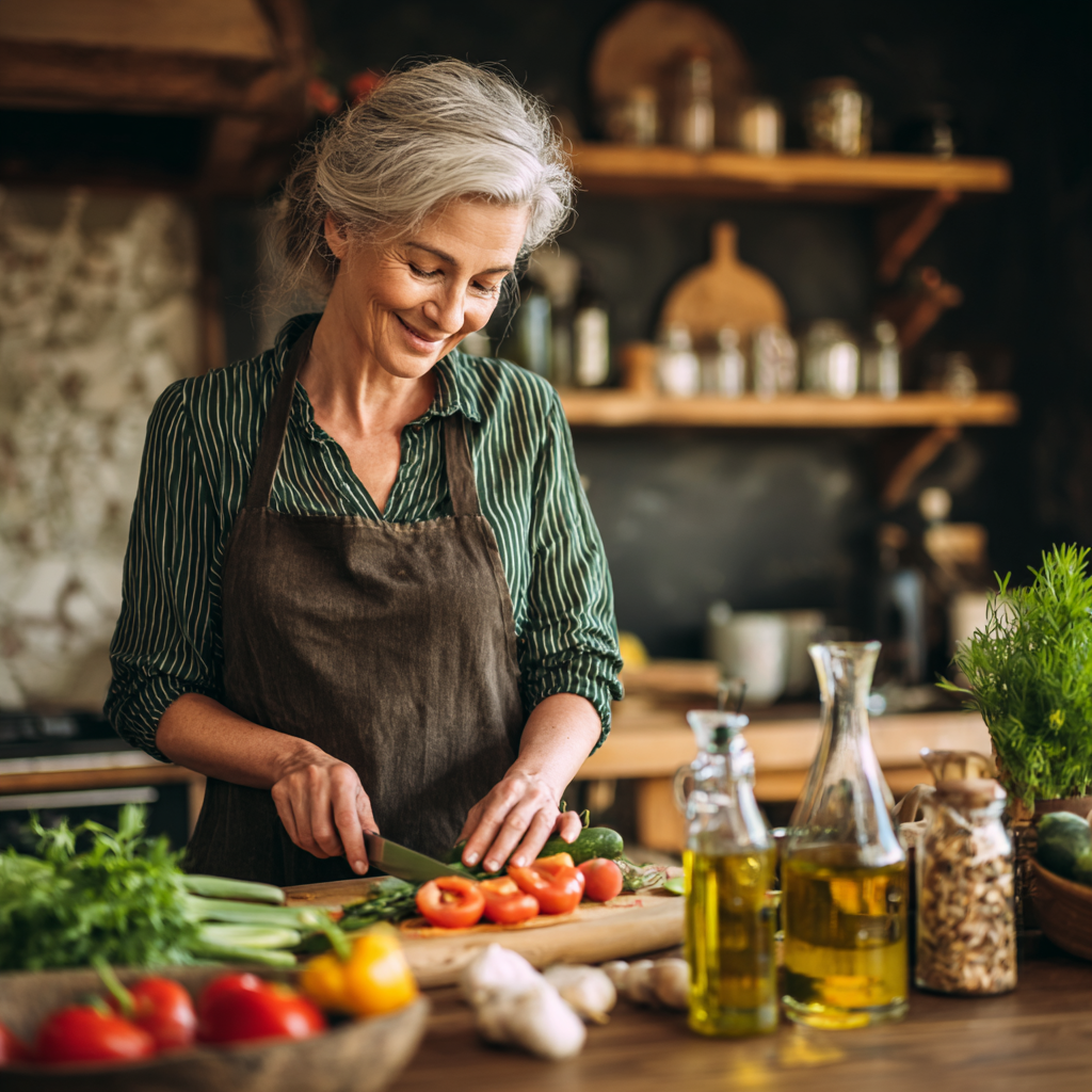 51 years adult woman preparing a healthy meal with fresh vegetables and natural ingredients