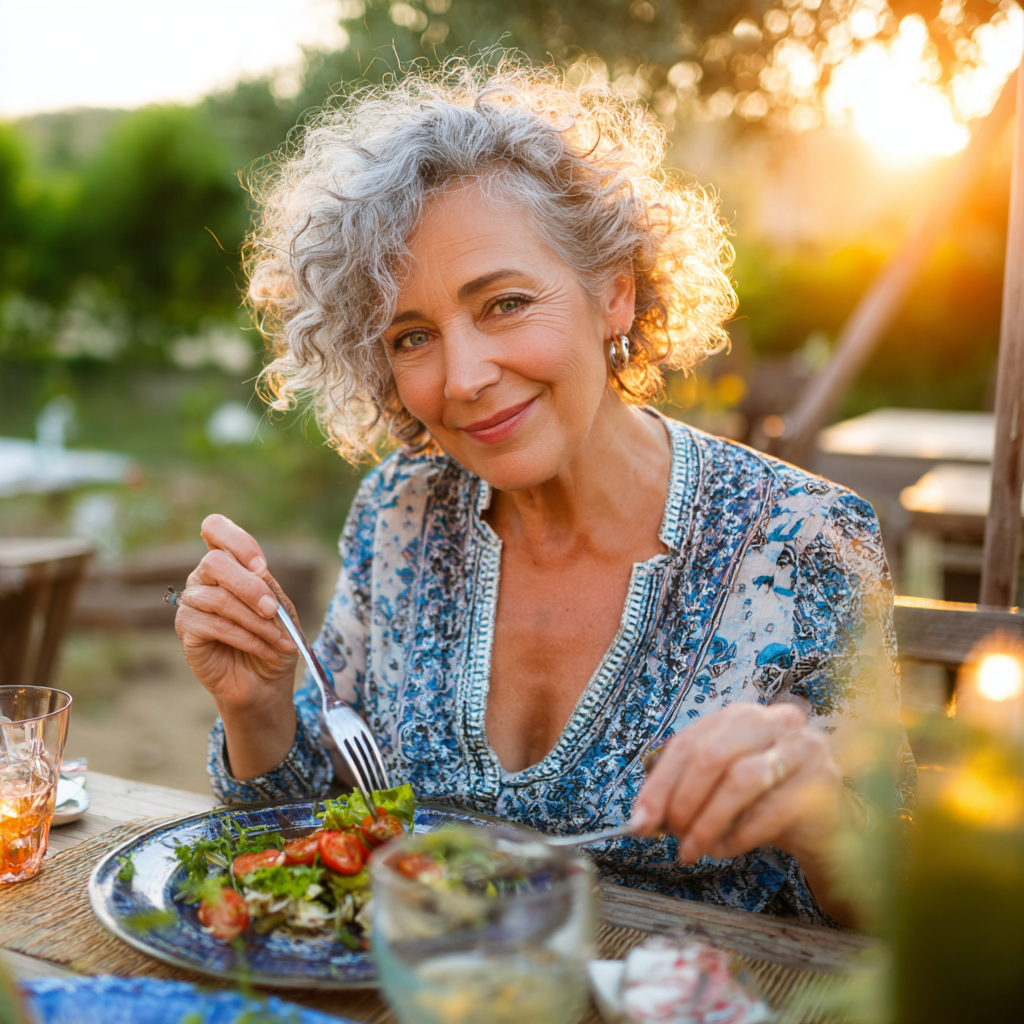 52 years woman with enjoying meal outdoors